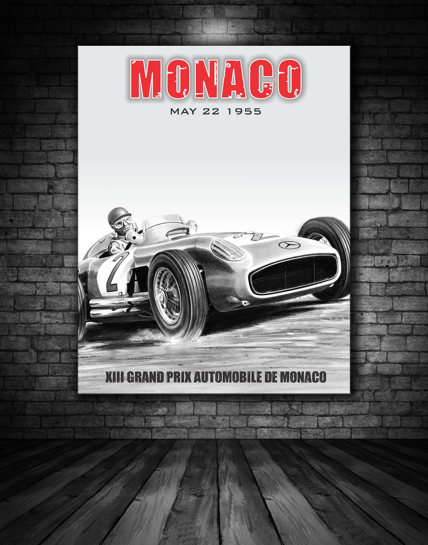 Monaco Grand Prix 1955 Fangio Mercedes W196 Vintage Poster